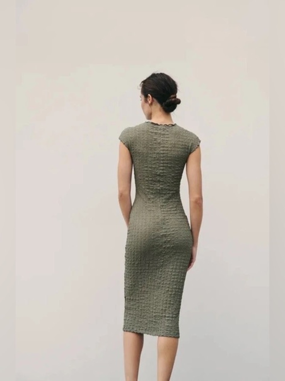 Zara Green Cap Sleeve Textured Midi Dress Size Large - Picture 6 of 13